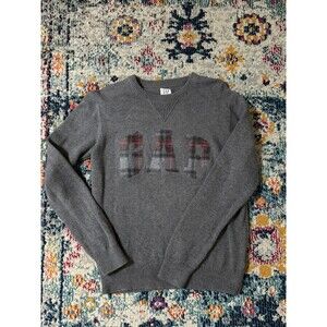 GAP Kids Gray Cotton Tartan Plaid Logo Crewneck‎ Sweater Size XL Festive Xmas